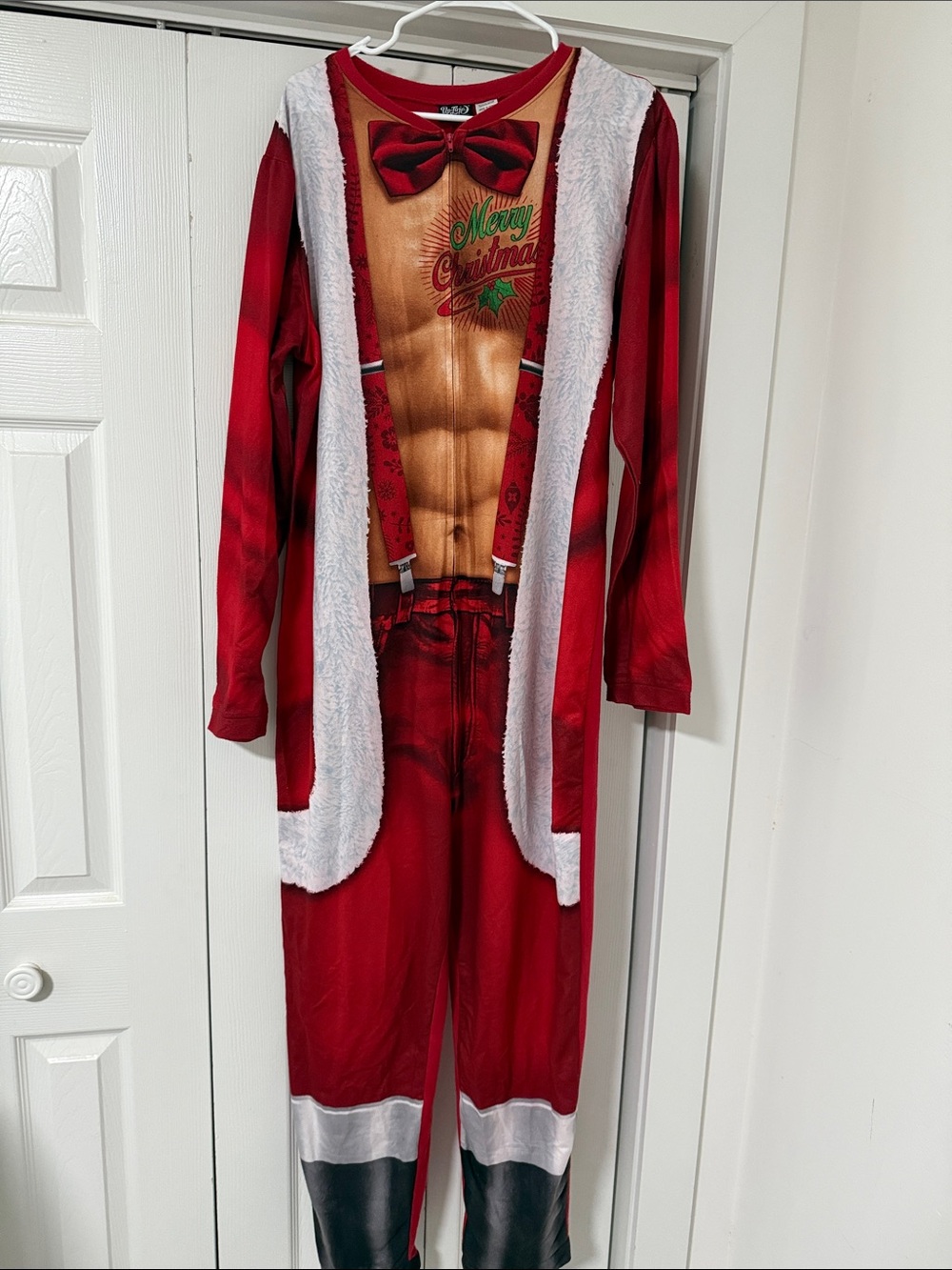 Tipsy Elves Red Santa Muscle Chest Onesie with Faux Fur Trim and Printed Bow Tie